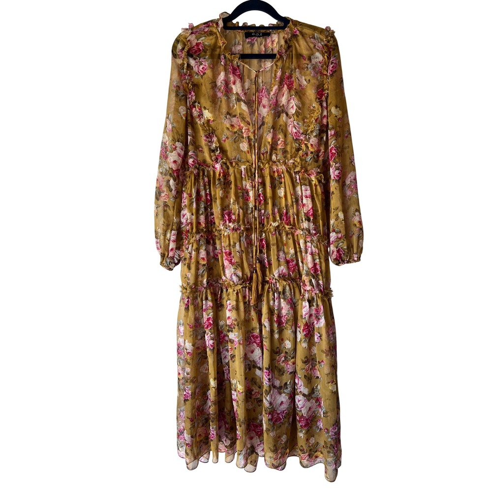 OPT Women Mustard Yellow Floral‎ Tiered Ruffle Midi Dress Boho Tassels Size M